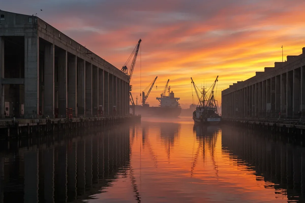 Reflecting sunlight illuminates a harbor channel with large ships and towering red warehouses silhouetted against a fiery