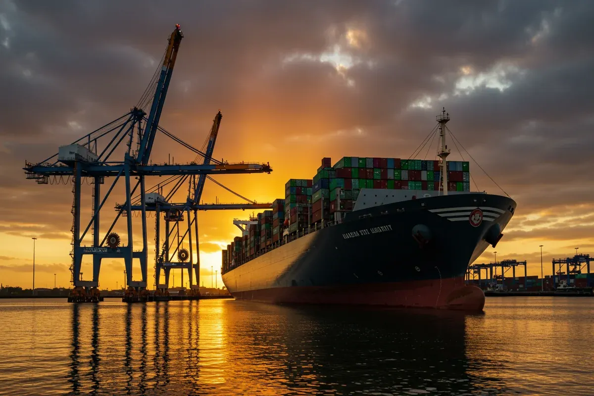 A large container ship dominates the skyline with towering cranes reflected in the calm water under a sunset glow