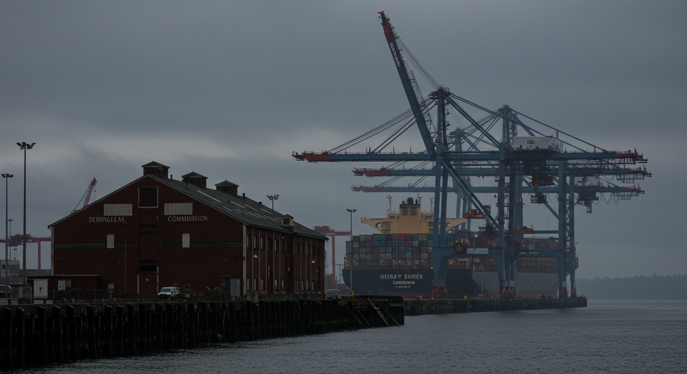 A towering container crane loads cargo at the Albany Port District Commission docks highlighting industrial activity