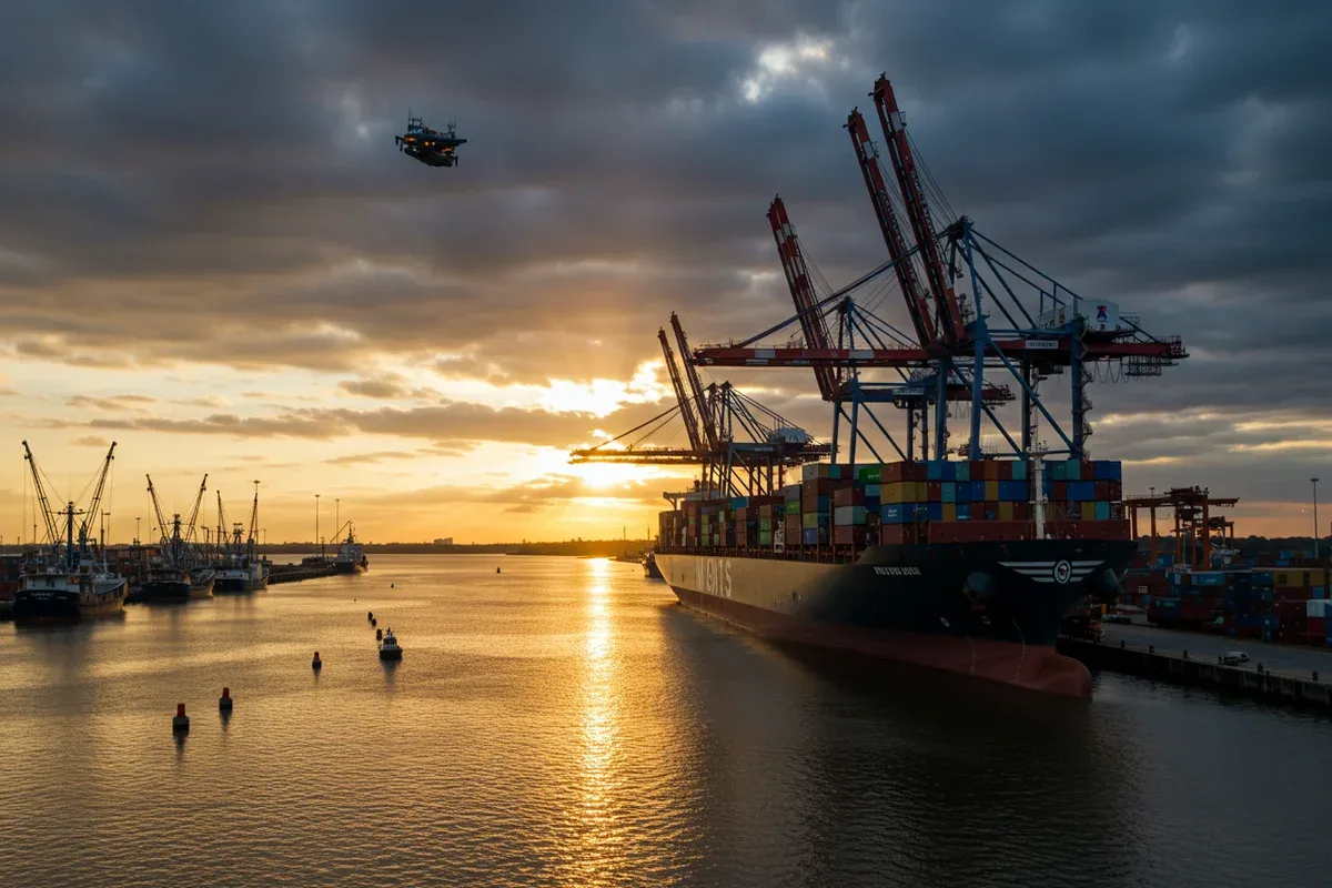 A large cargo ship sits in a waterway reflecting the golden sunset light alongside towering cranes and several small boats