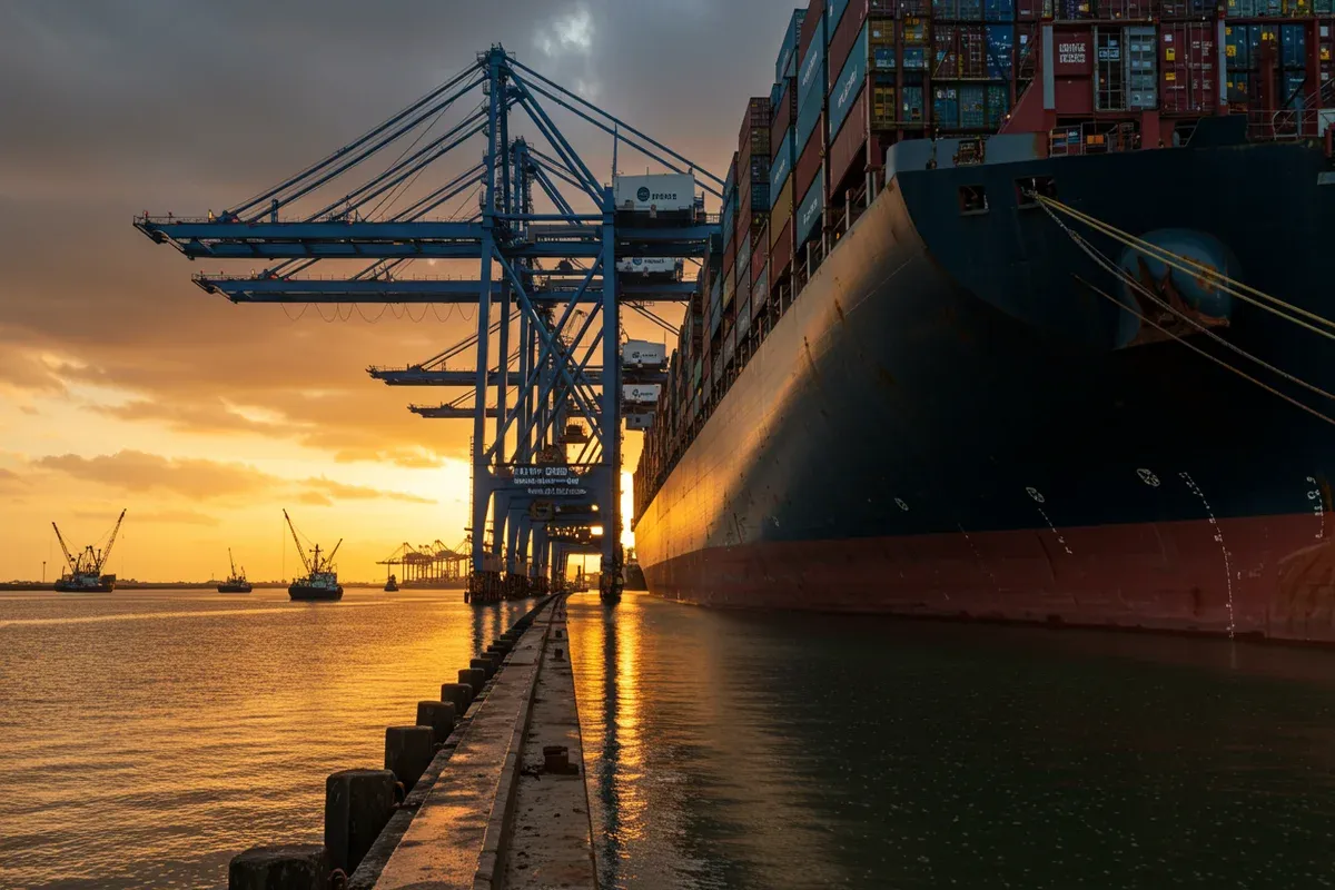 A sprawling port scene shows cranes alongside a waterfront walkway as ships sail in the background under a golden sunset