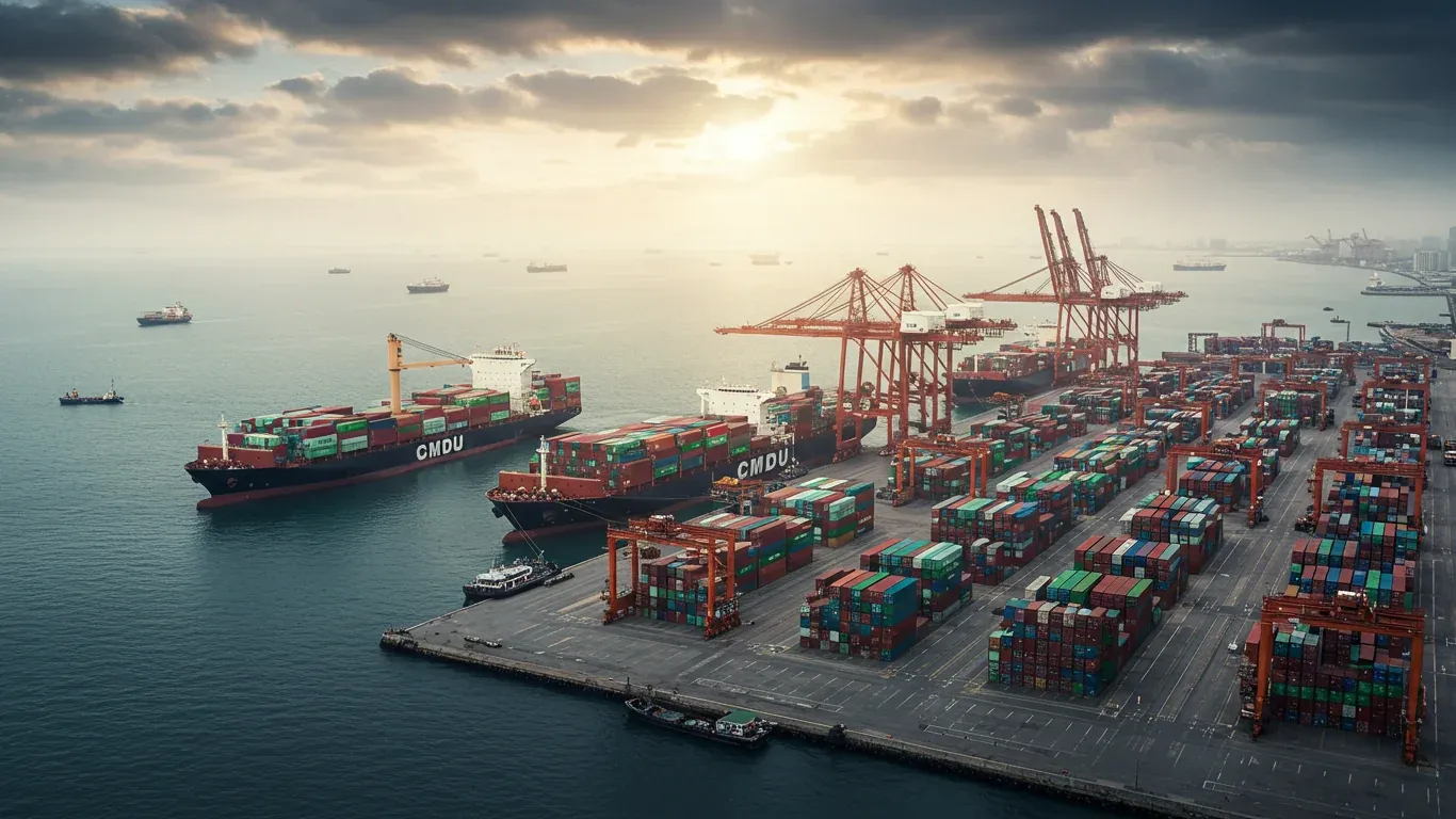 A cargo ship docks at a busy port with towering cranes unloading containers into the ships hold