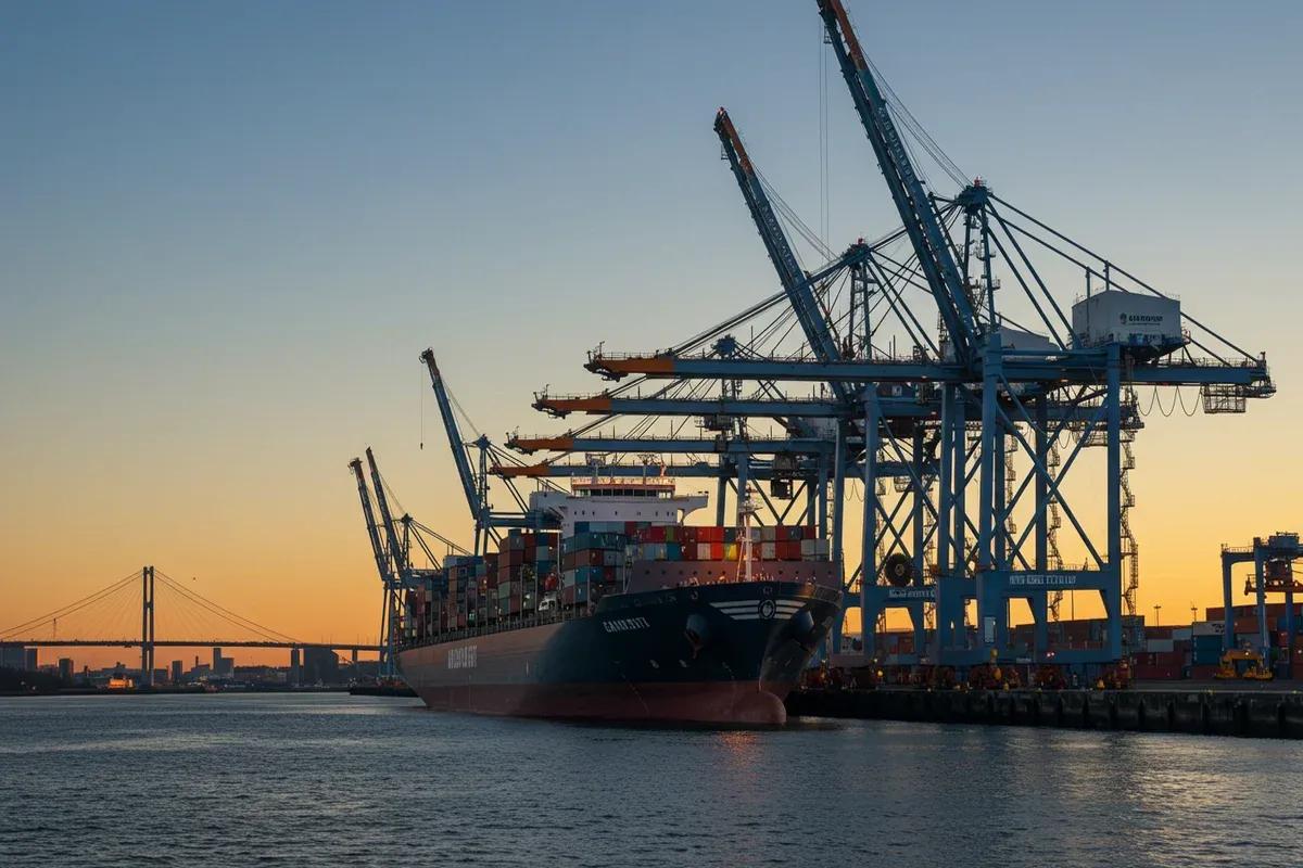 A large container ship sits in the Port of Camden with towering cranes unloading cargo against a hazy skyline