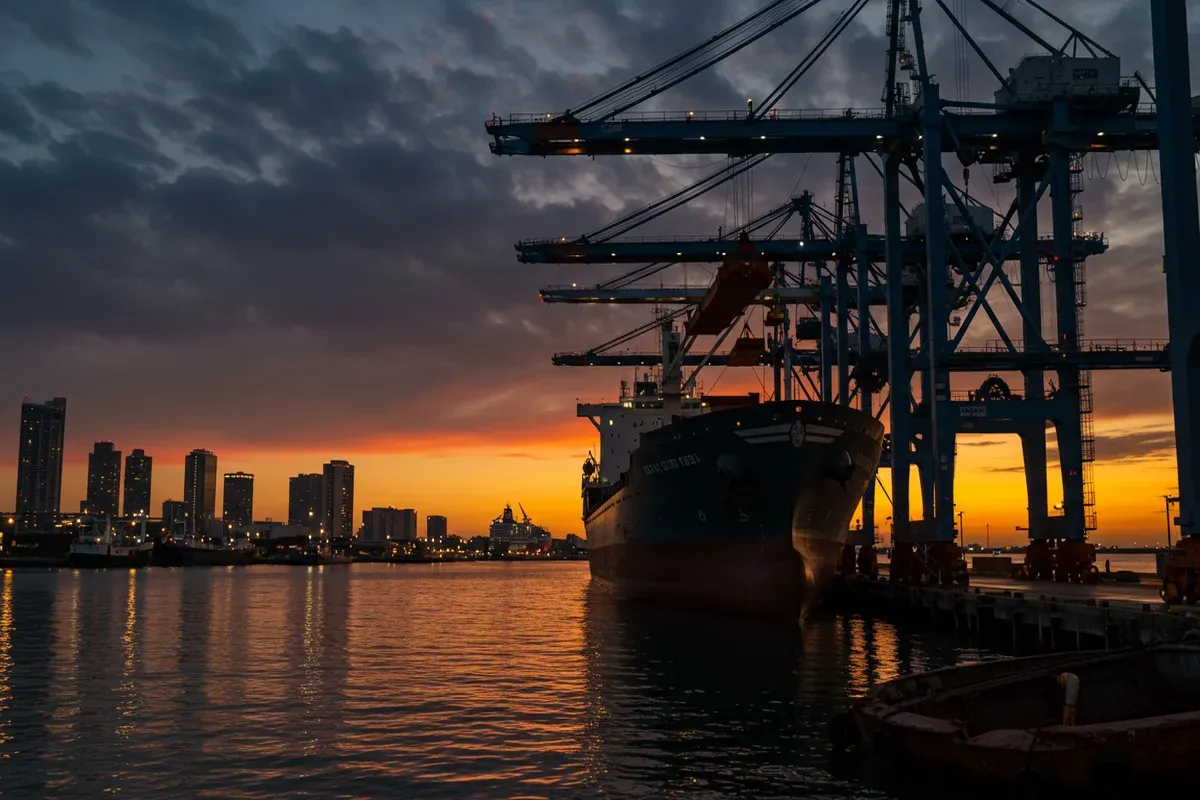 A large cargo ship sits in the calm waters of Canaveral Port with towering cranes reflecting the vibrant sunset glow