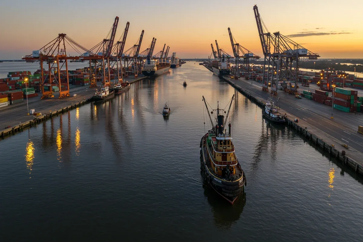 A tugboat navigates a waterway through a large port channel with towering cranes and industrial structures along the banks