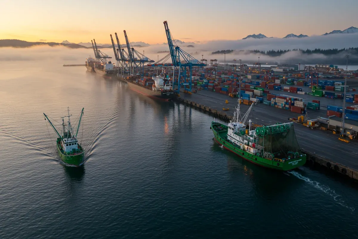 A green fishing boat navigates the harbor with a large industrial port sprawling across the water below