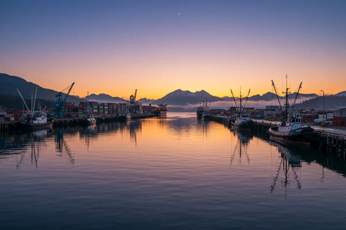 A vibrant sunset reflects on the calm waters of Juneau harbor Several colorful fishing boats are docked alongside warehouse