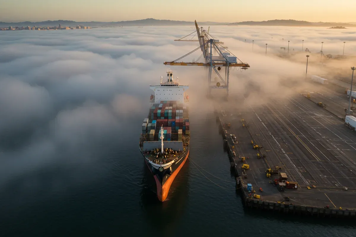 A large container ship navigates the channel near Oaklands docks with cranes visible in the background