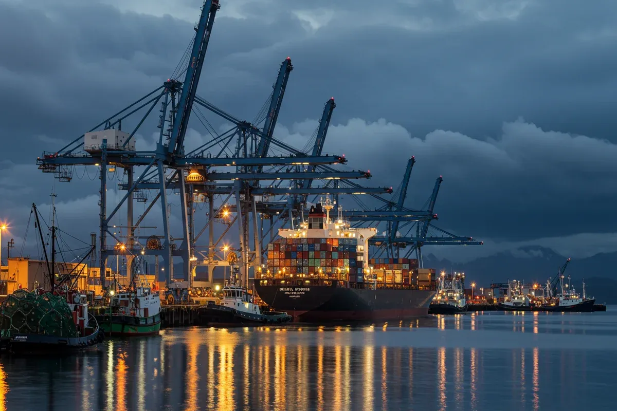 The City of Seward cargo ship rests in calm waters reflecting city lights illuminating the harbor