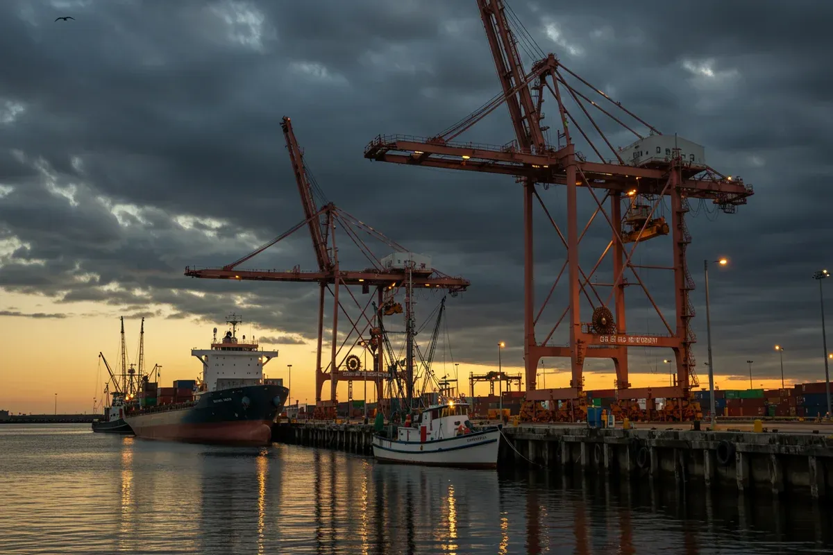 A large cargo ship anchors alongside a pier at the Port of Tulsa reflecting sunlight A white tugboat rests nearby