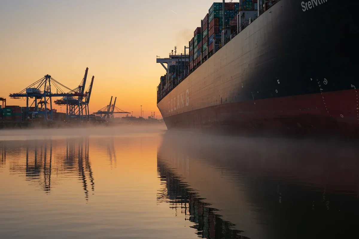 A massive container ship dominates the scene reflecting off the Cuyahoga River near towering cranes at a port facility