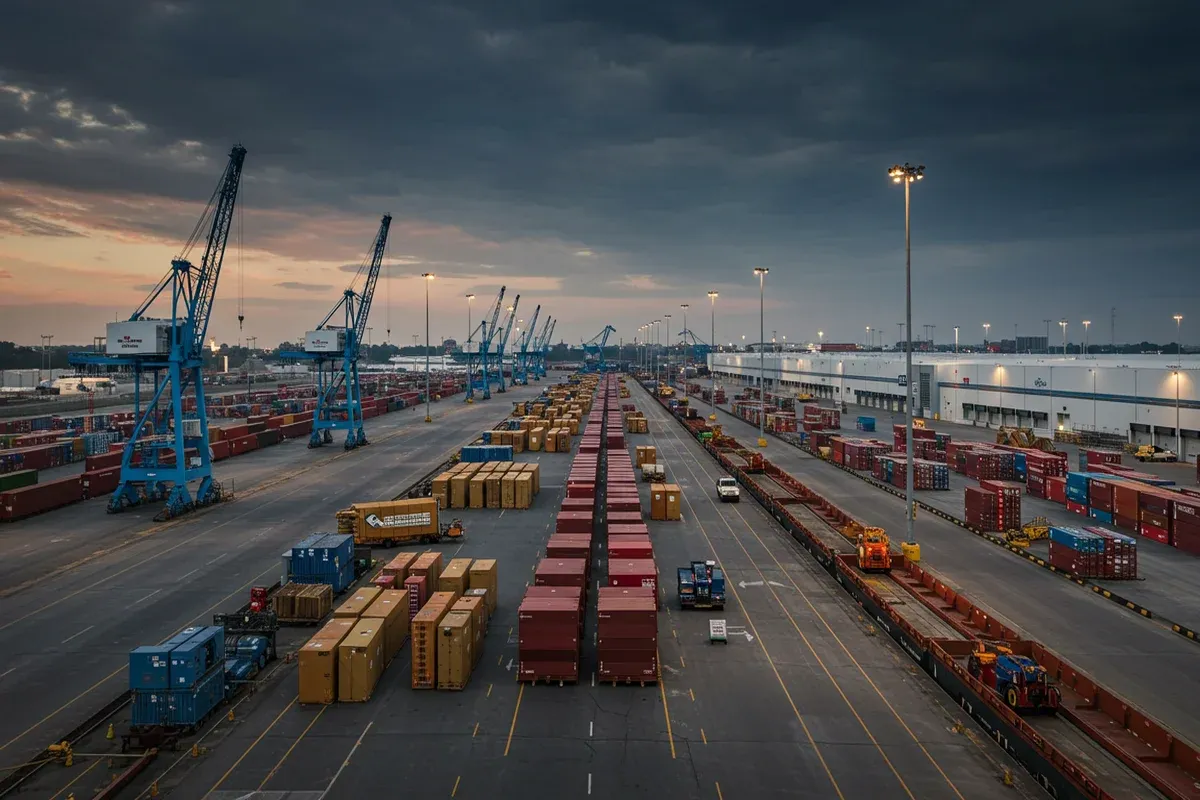 Rows of stacked red shipping containers stretch across a vast gray port area with several blue cranes visible