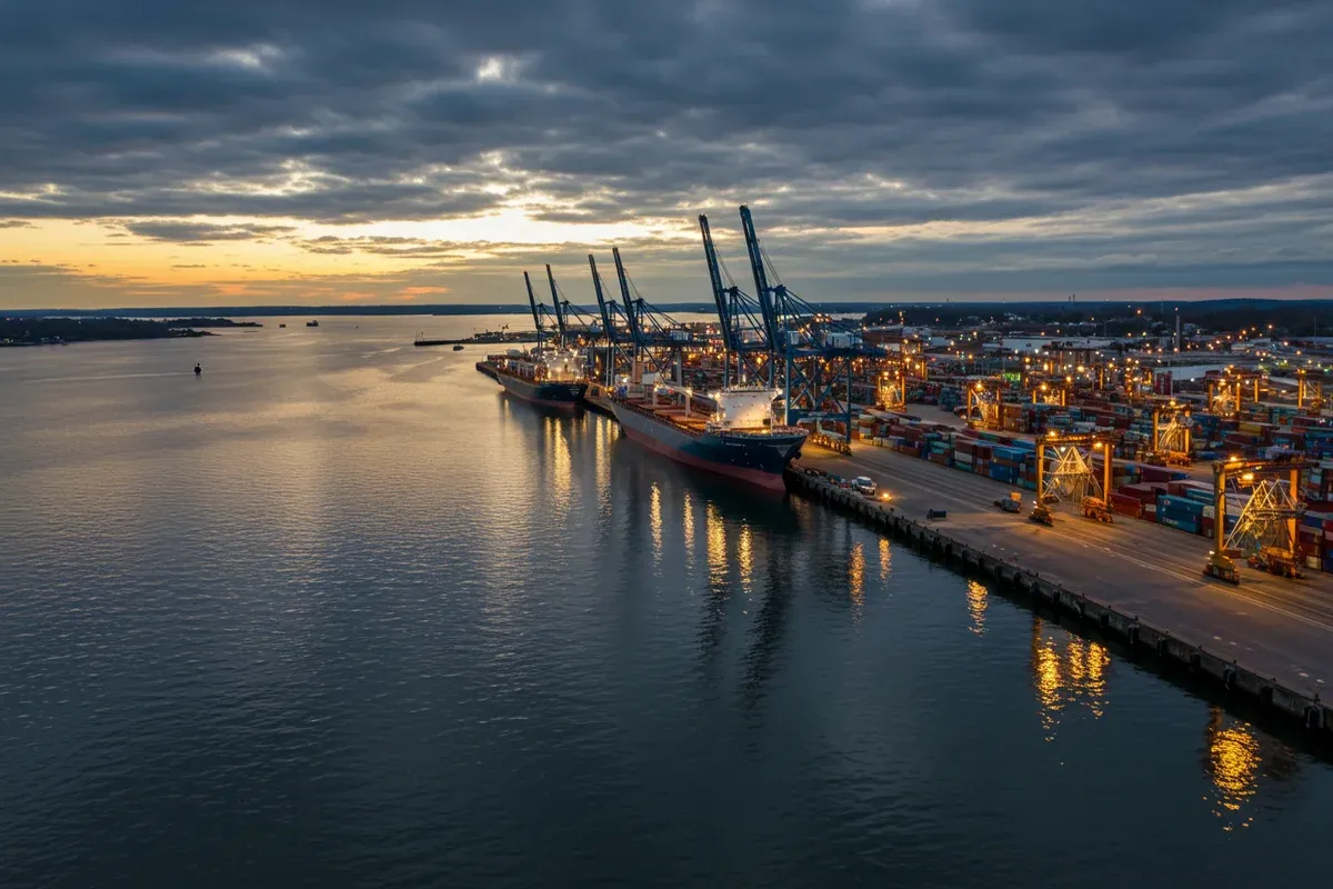 A cargo ship docks at a Connecticut port with cranes and a pier reflecting in the dark water