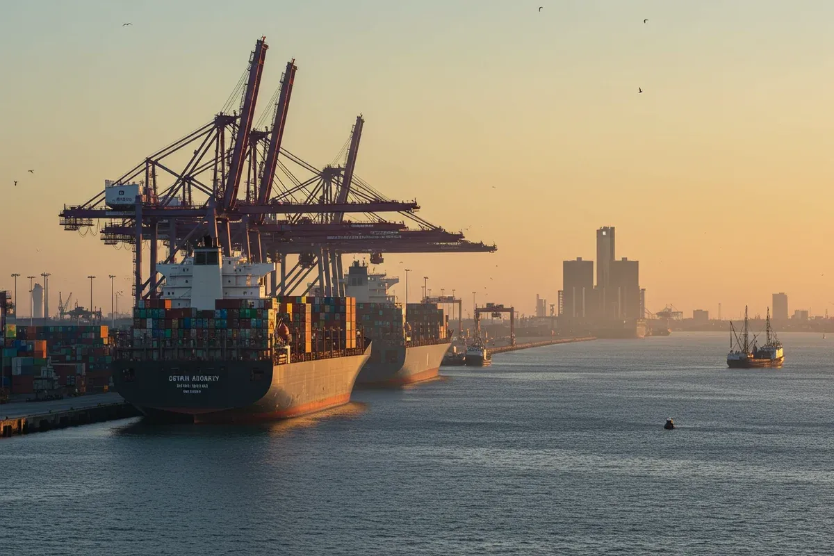 A large cargo ship navigates the Detroit River with towering cranes and industrial waterfront structures in the background