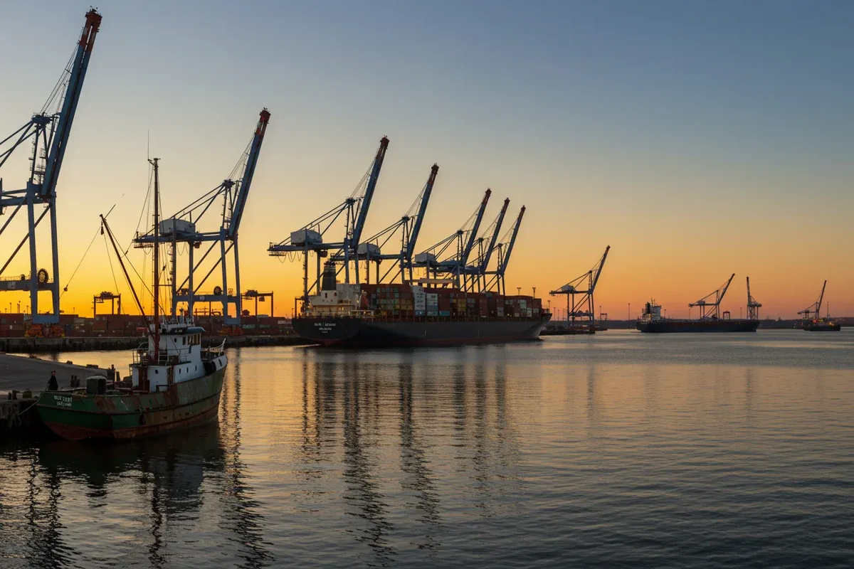 Tall container ships reflect on a calm harbor with towering cranes dominating the shoreline of Duluth Seaway Port Authority