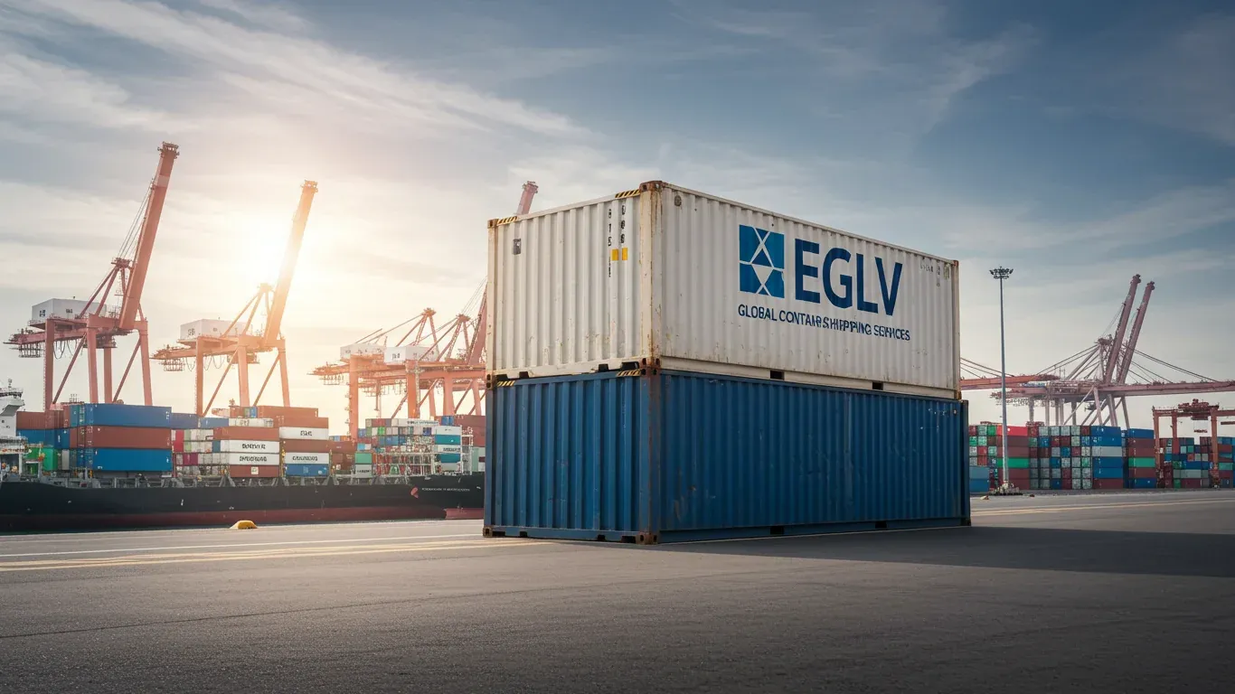 A container crane lifts cargo at a busy port with numerous shipping containers visible in the background