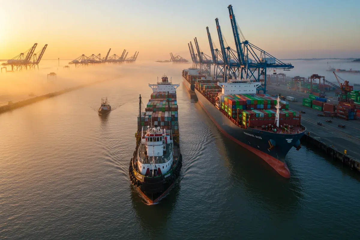 A powerful tugboat navigates alongside a busy port crane structure with towering containers and a hazy ocean backdrop