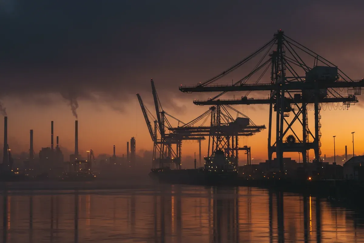 Silhouetted cranes dominate the skyline reflecting on calm waters alongside industrial smoke stacks creating a hazy river