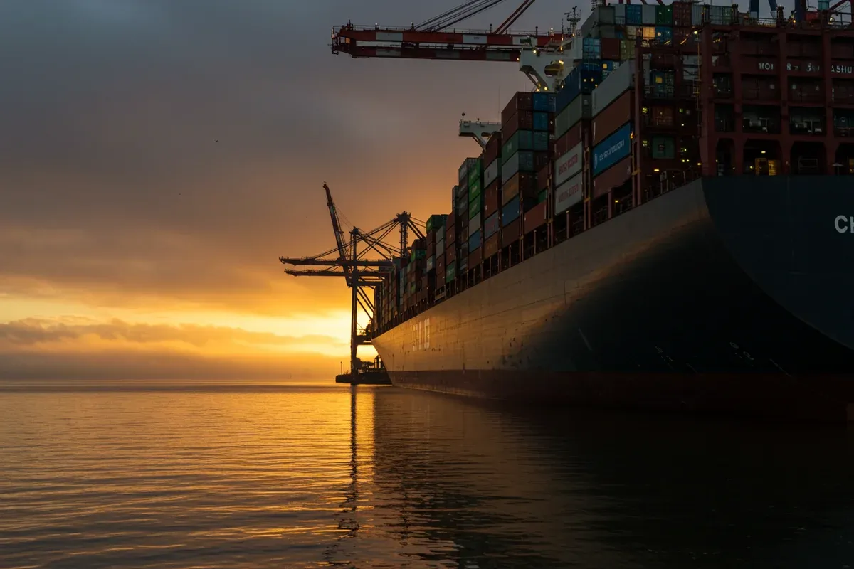 A large container ship navigates the Erie harbor during sunset with a prominent ships shadow stretching across the calm water