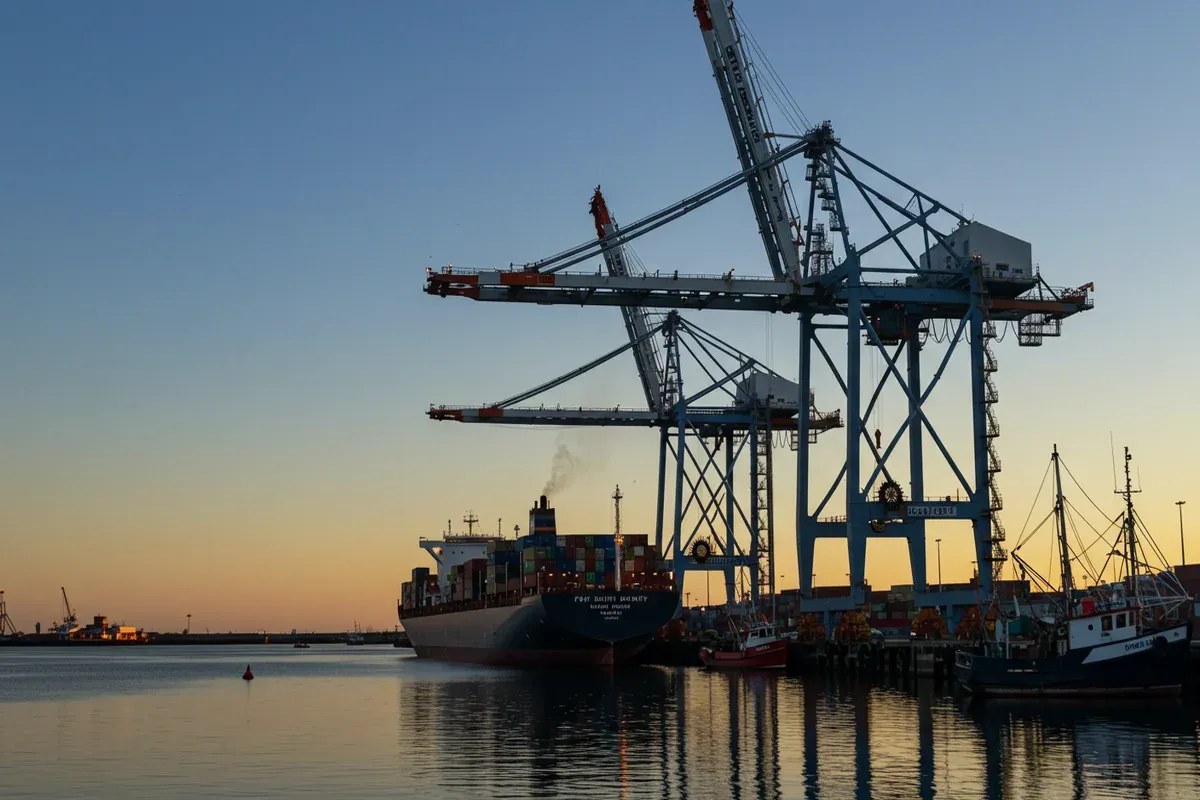A container ship sits in the Fort Smith Port Authority with towering cranes reflecting in the calm water surface