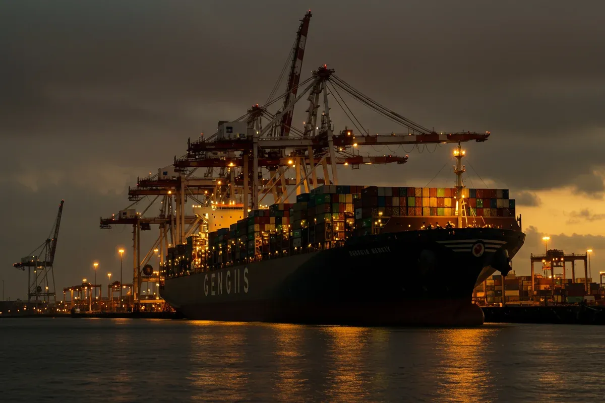 A large container ship is docked at a busy port with towering cranes unloading cargo into the ships hold