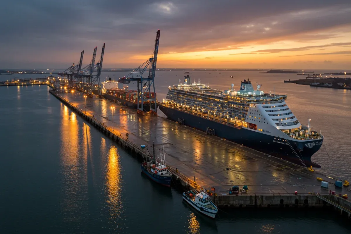 A large ship is docked at Grand Isle Port with a small white boat nearby highlighting the harbors activity