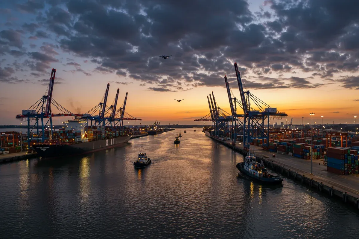 A channel with cargo ships navigates a waterway lined with towering cranes and industrial buildings under a golden sunset