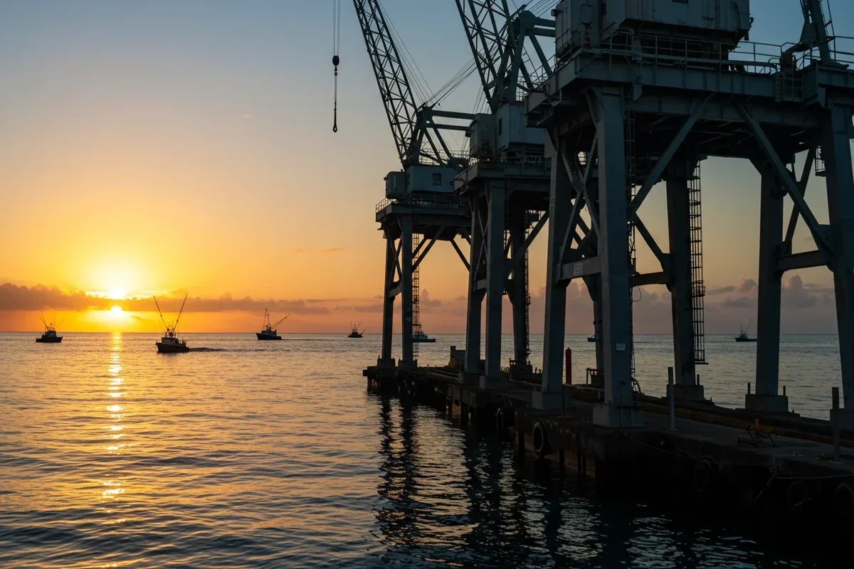 A pier extends into the golden sunset reflecting off calm ocean waters as several boats sail in the distance
