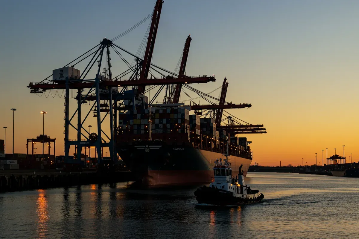 A cargo ship navigates a waterway alongside towering cranes in a port setting during sunset