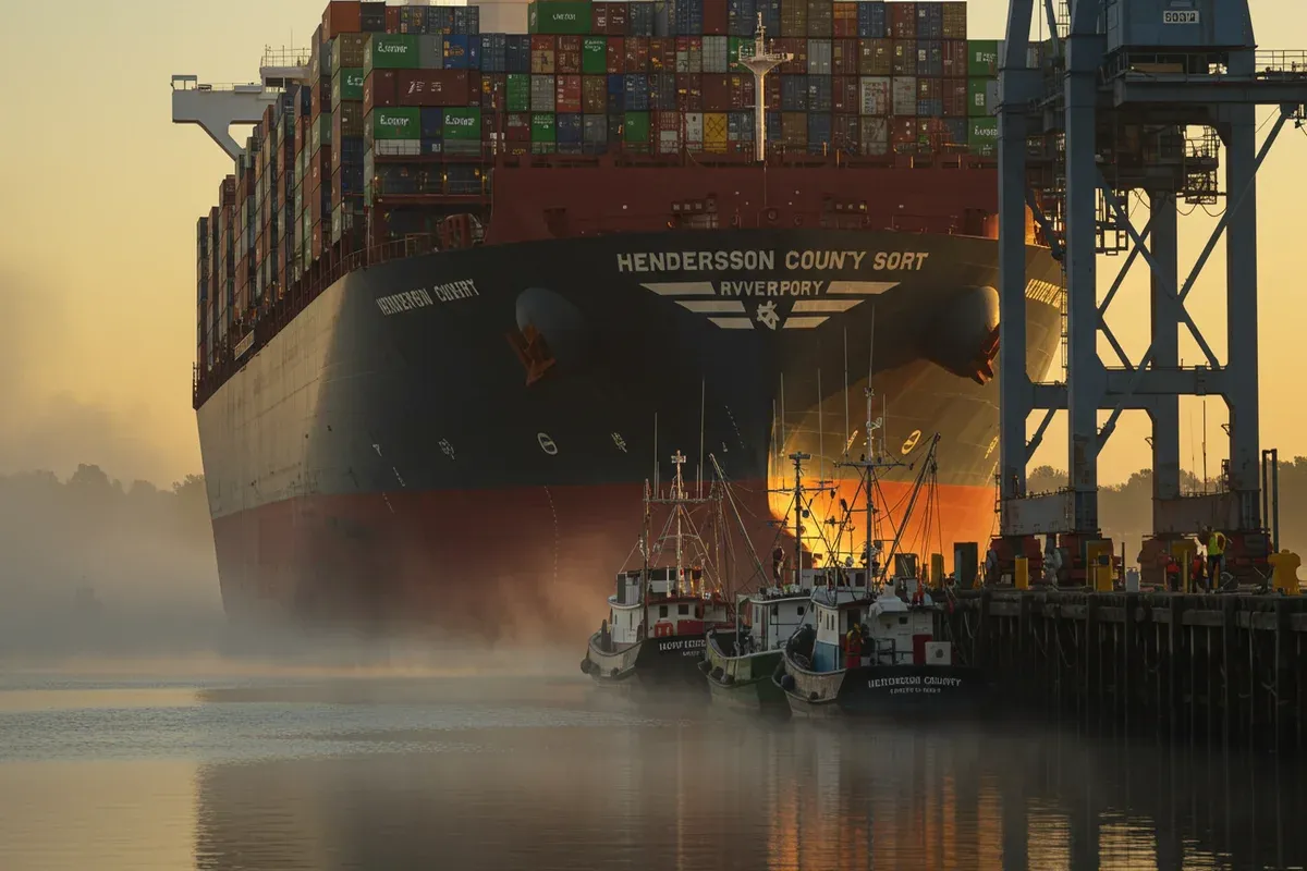 A towering crane loads cargo onto a brightly colored train at a riverport terminal with containers stacked high