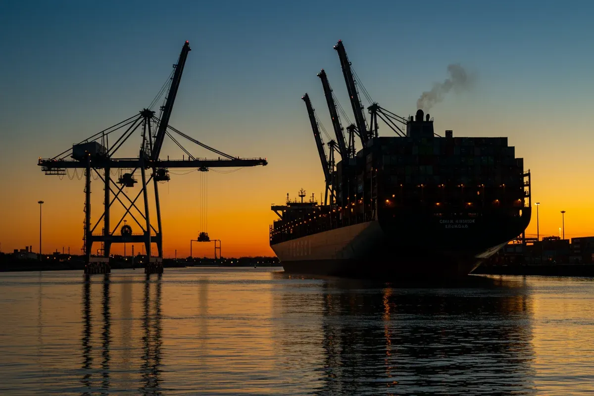 A large ship sits in the water reflecting the sunsets golden light against a backdrop of towering cranes and a serene river