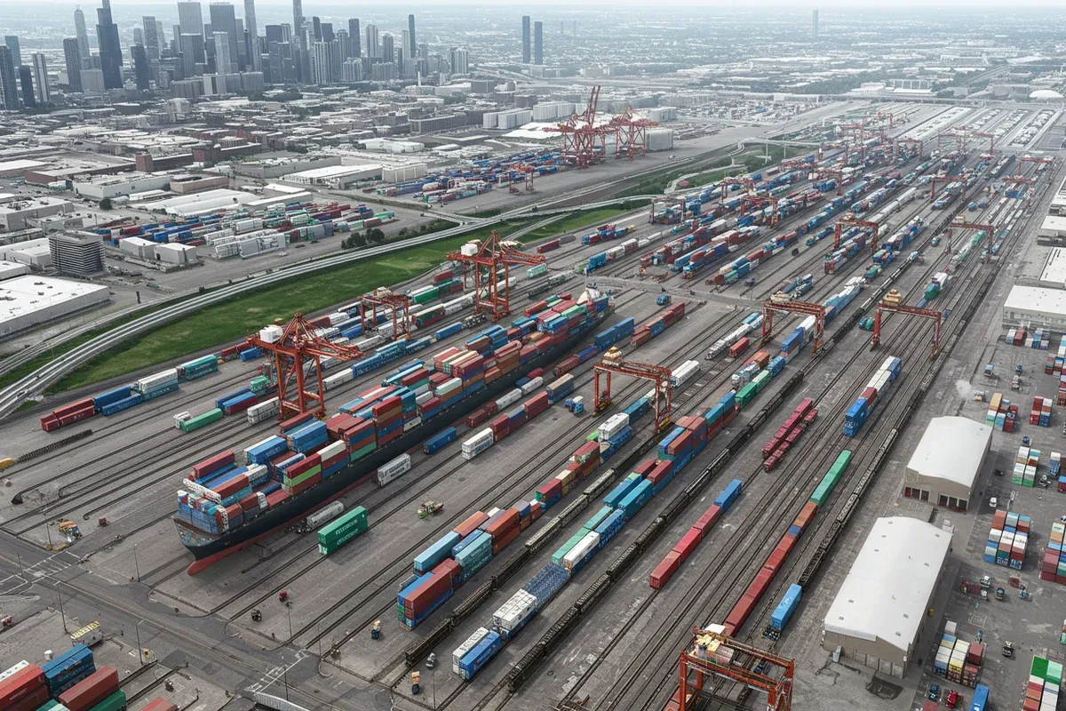 A sprawling container port with numerous red cranes dominates the scene conveying maritime cargo movement amidst large