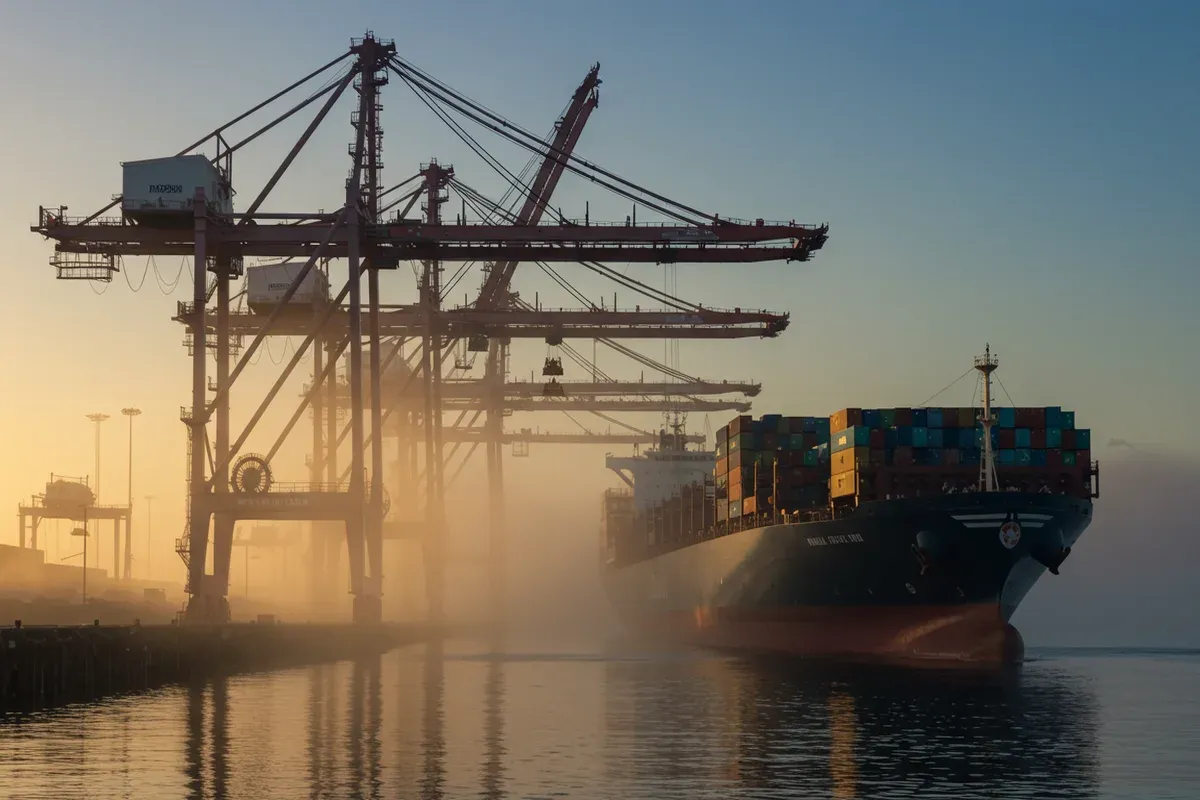 A large container ship sits in Humboldt Bay Harbor California with towering cranes unloading cargo under a hazy sunrise glow