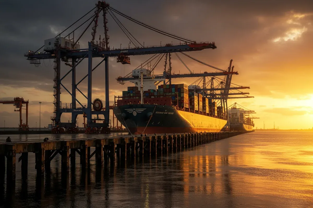 A cargo ship sits in the Illinois International Port District under a warm sunset glow with towering cranes in the background
