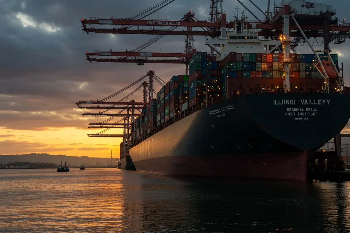 Cargo ship Illinois Valley Regional Port District docked at sunset with colorful containers and crane machinery visible