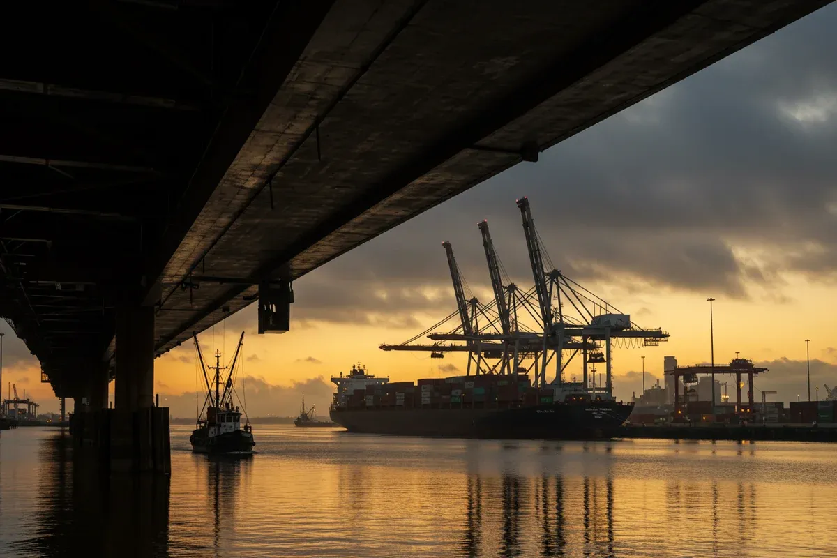 Golden sunlight illuminates a cargo ship navigating the Itawamba County Port Commissions waterway among towering cranes and