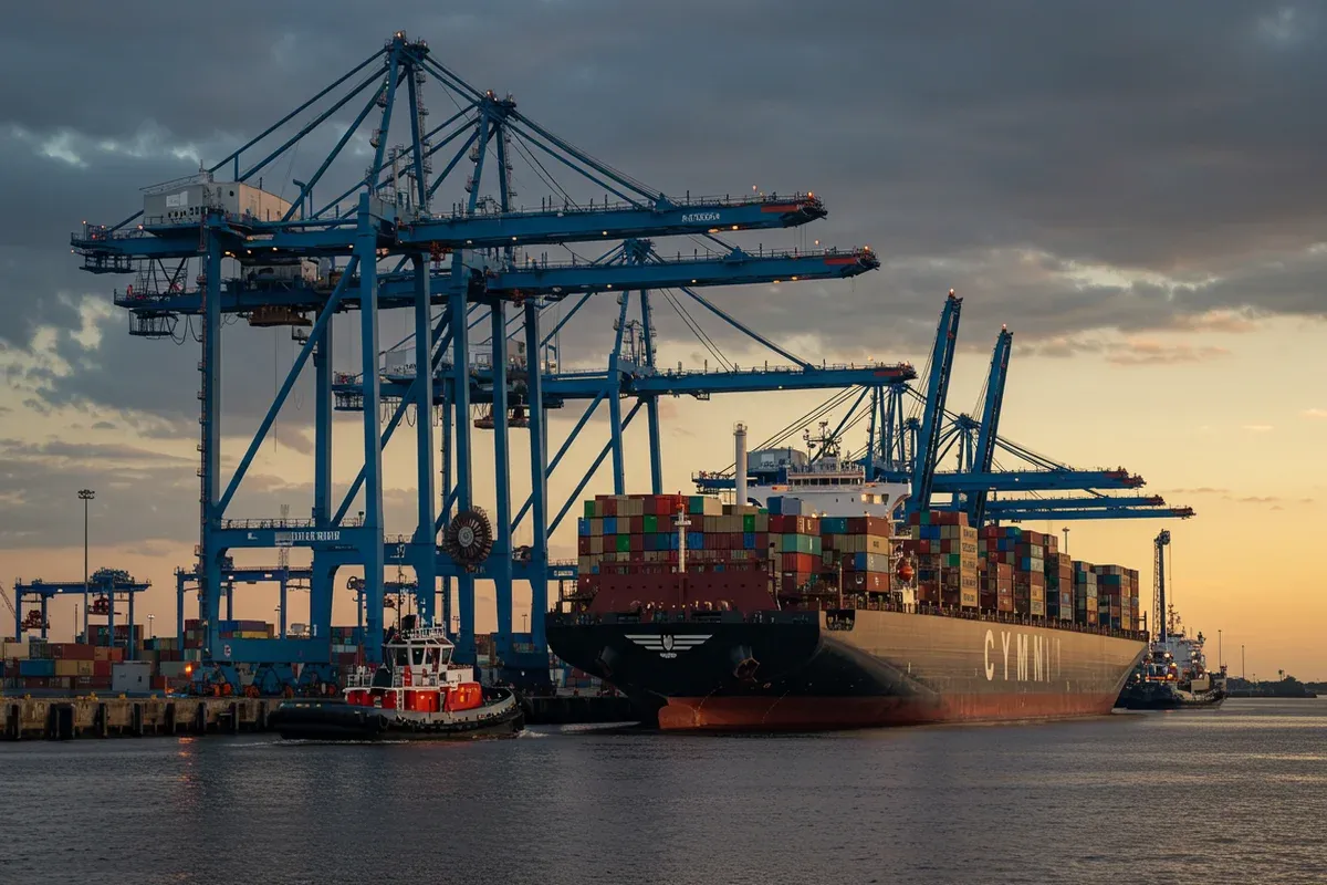 Large container ships dock at the Jacksonville Port Authority with towering cranes under a dusky sky