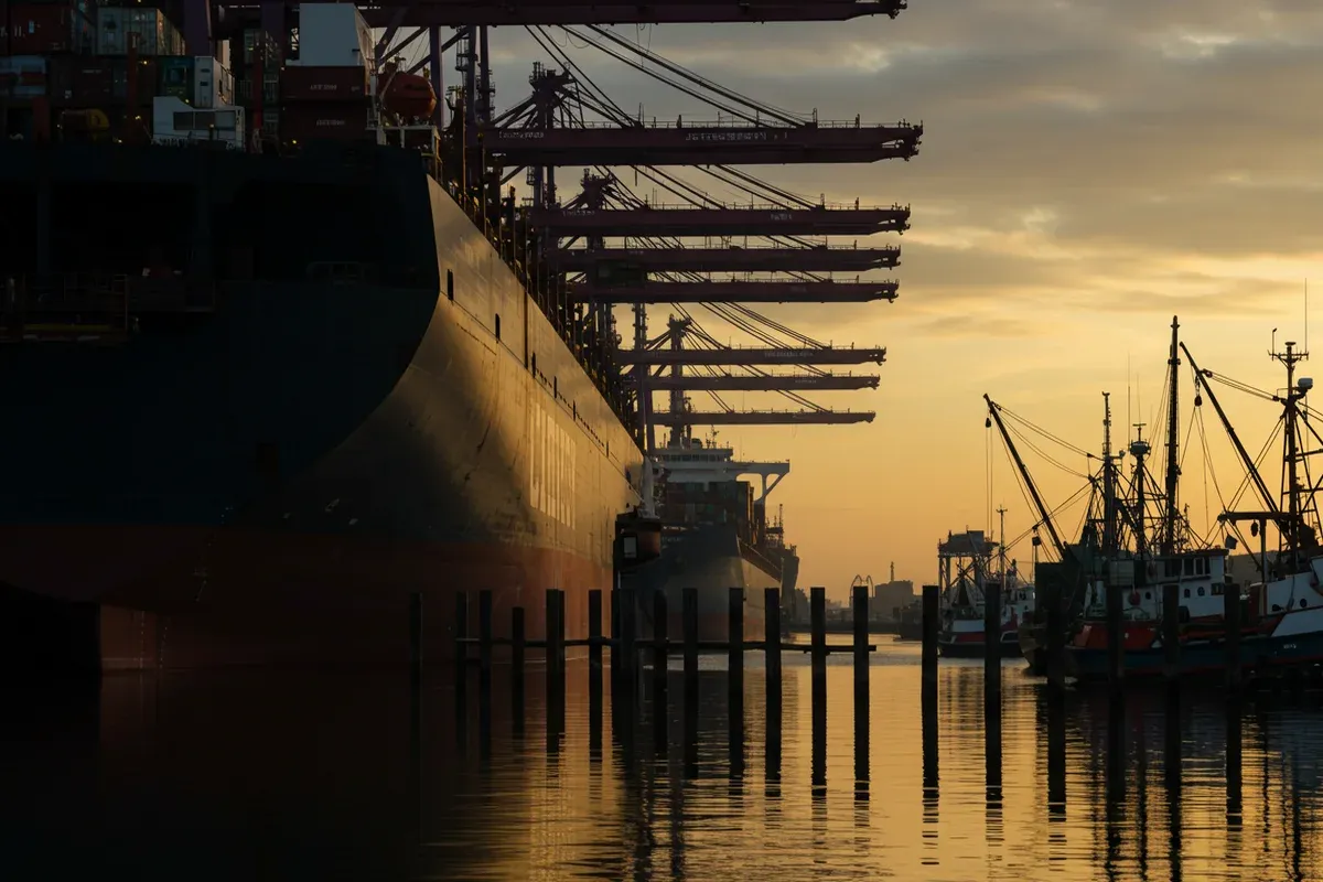 A large ship sits in a river channel reflecting sunlight along the weathered wooden pilings of a busy port