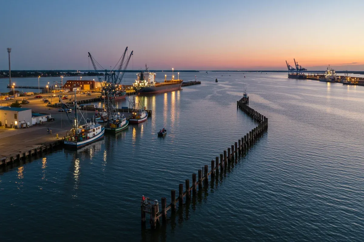 A harbor view shows several fishing boats docked at a pier with weathered wooden pilings extending into the dark water near