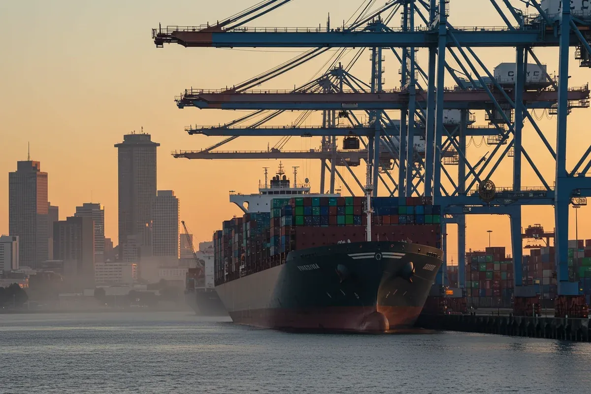 A large cargo ship sits in the calm waters of Lake Providence with towering cranes dominating the skyline