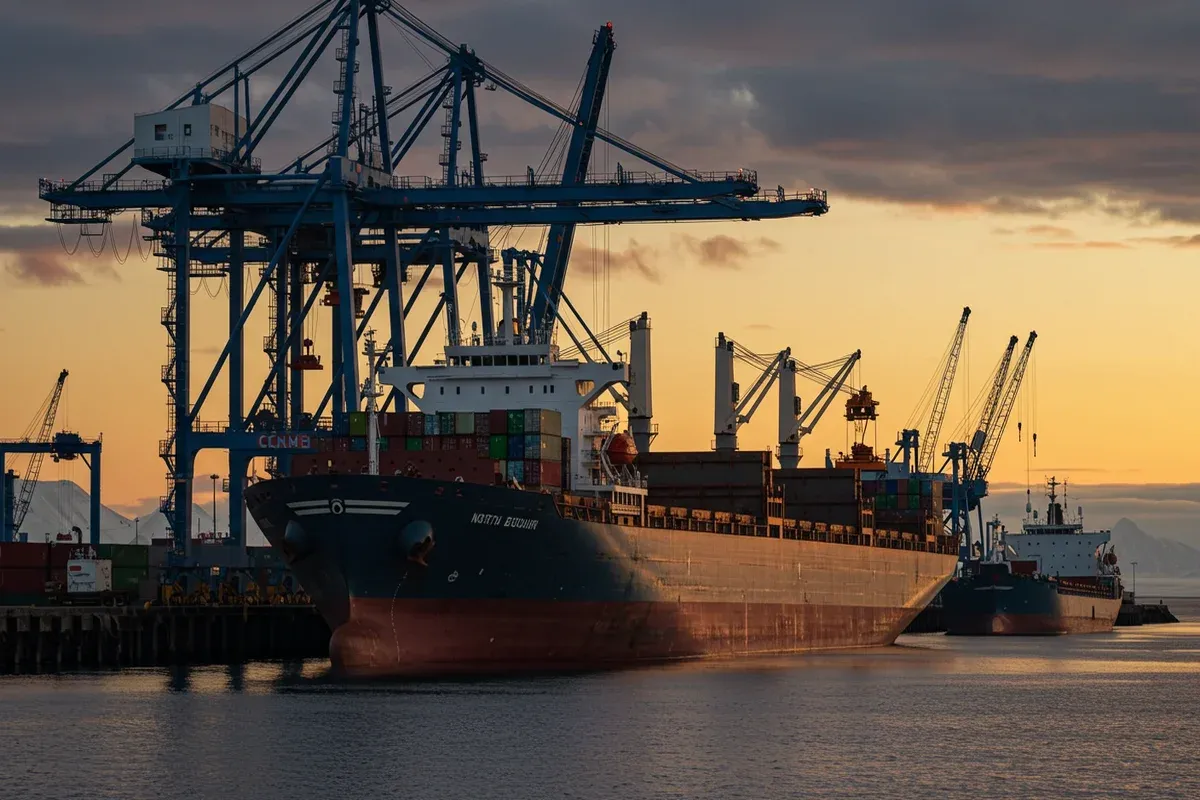 A large cargo ship sits in the harbor surrounded by towering cranes and other ships under a cloudy sky
