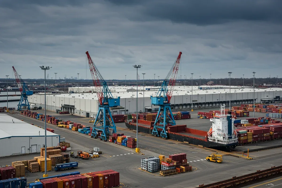 A sprawling riverport with towering cranes and numerous shipping containers under a bright sky