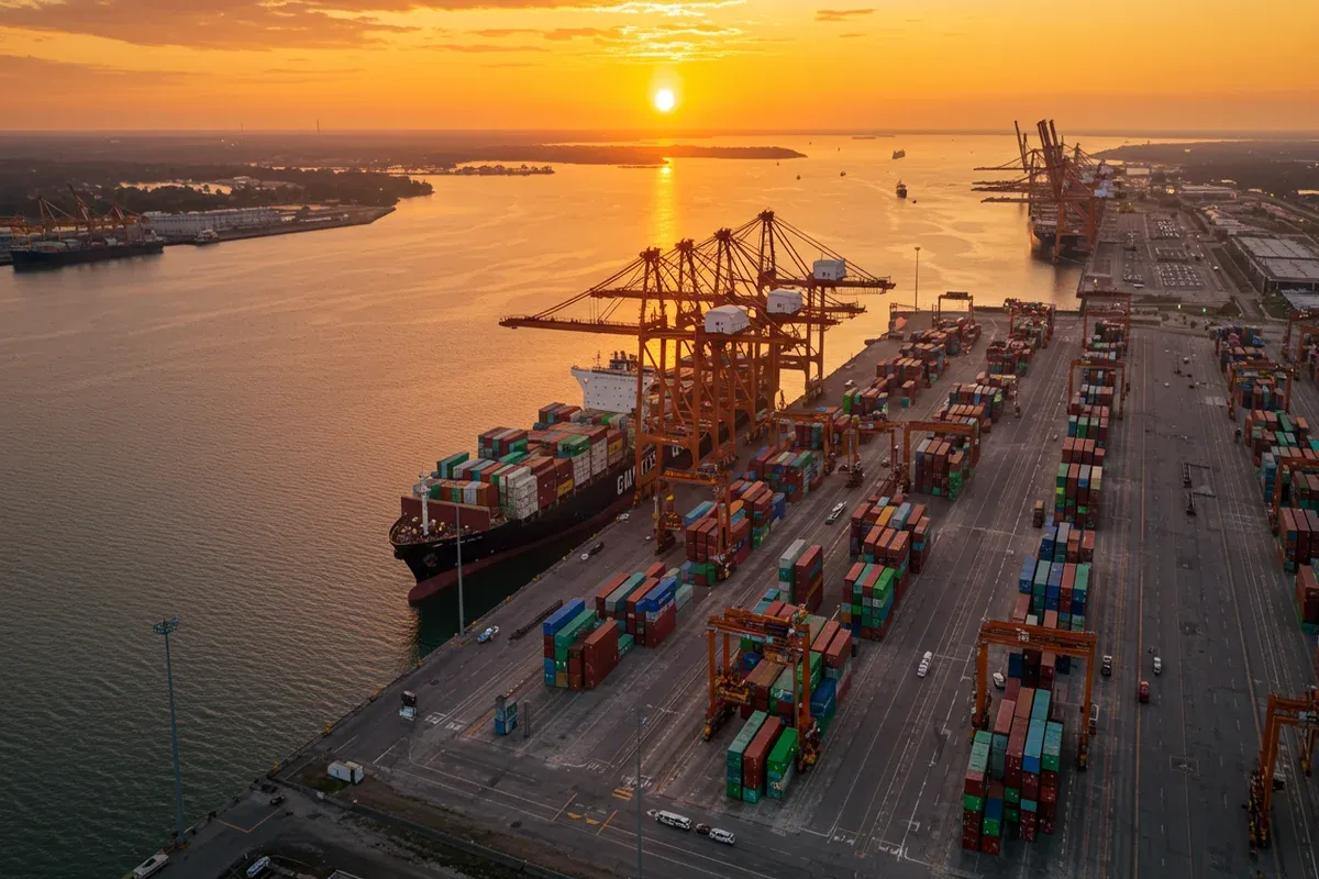 A large container ship sits docked at the Lowndes County Port Authority terminal with towering cranes and a busy waterfront