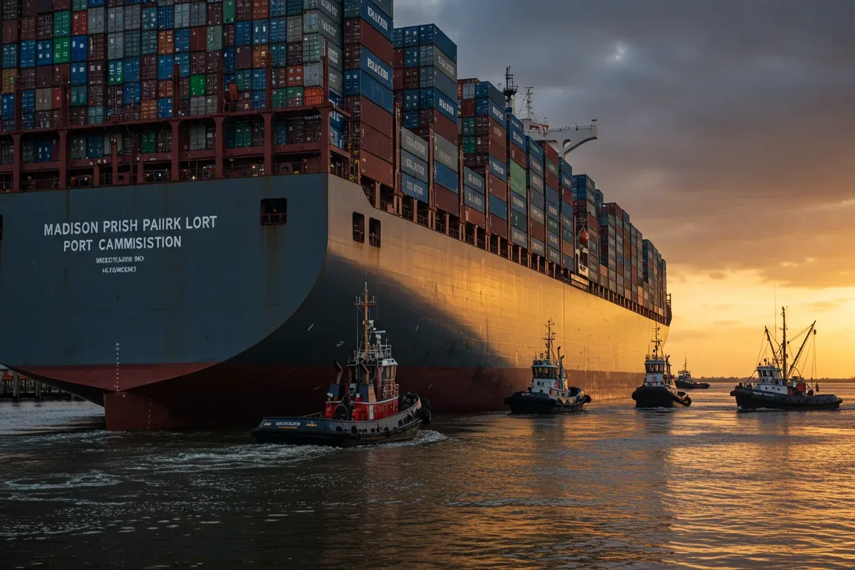 Several harbor tugboats navigate the waterway alongside a large cargo ship under a sunset sky
