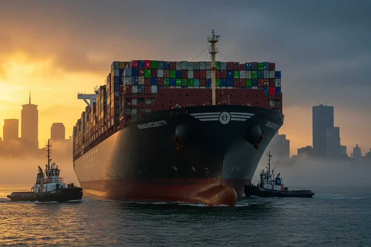 A large container ship navigates the waters of the harbor with tugboats alongside its hull under a hazy sky