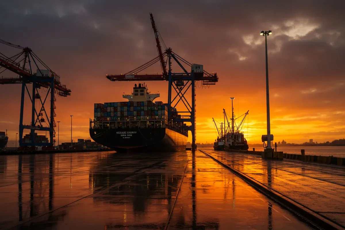 Rainslicked concrete reflects towering cranes at a riverport near Meade County This scene showcases industrial activity and