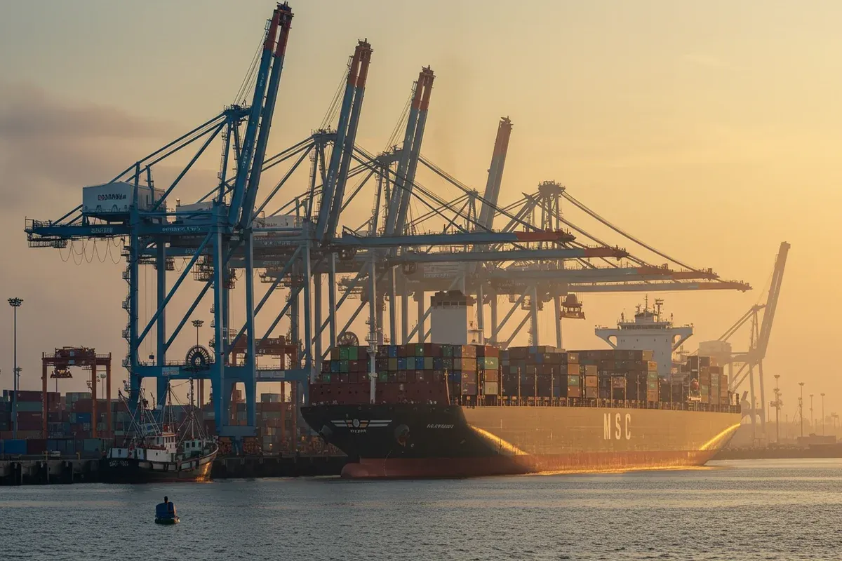 A large container ship sits in the harbor with towering cranes unloading cargo at the MidAmerica Intermodal Authority Port