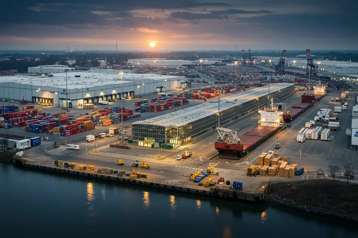 A large container ship docks at a sprawling port with numerous warehouses and heavy machinery reflecting in the water