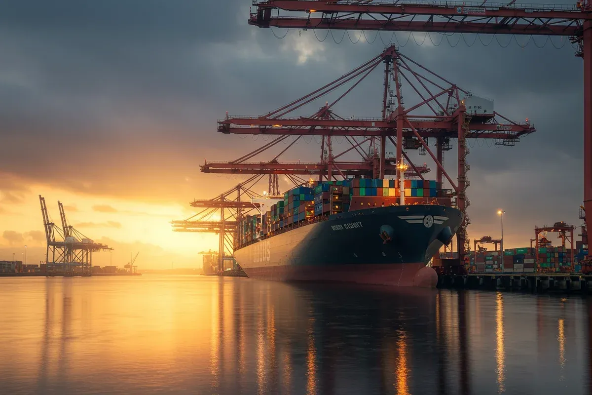 A large cargo ship sits in a harbor with towering cranes under a vibrant sunset glow The water reflects the colors creating