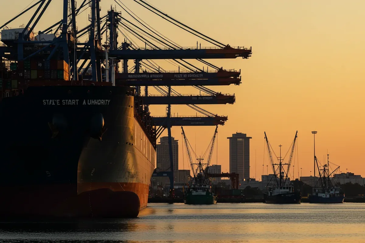 A large cargo ship sits in the Mississippi River near towering cranes of the State Port Authority